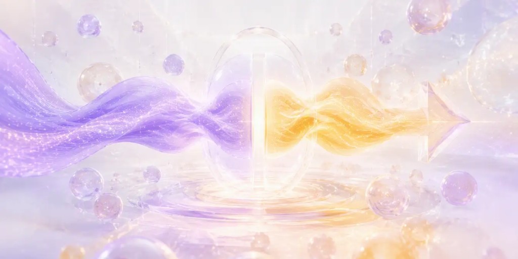 Abstract glass lens transforms a purple flow into a golden arrow: raw words filtered into clear understanding through active listening