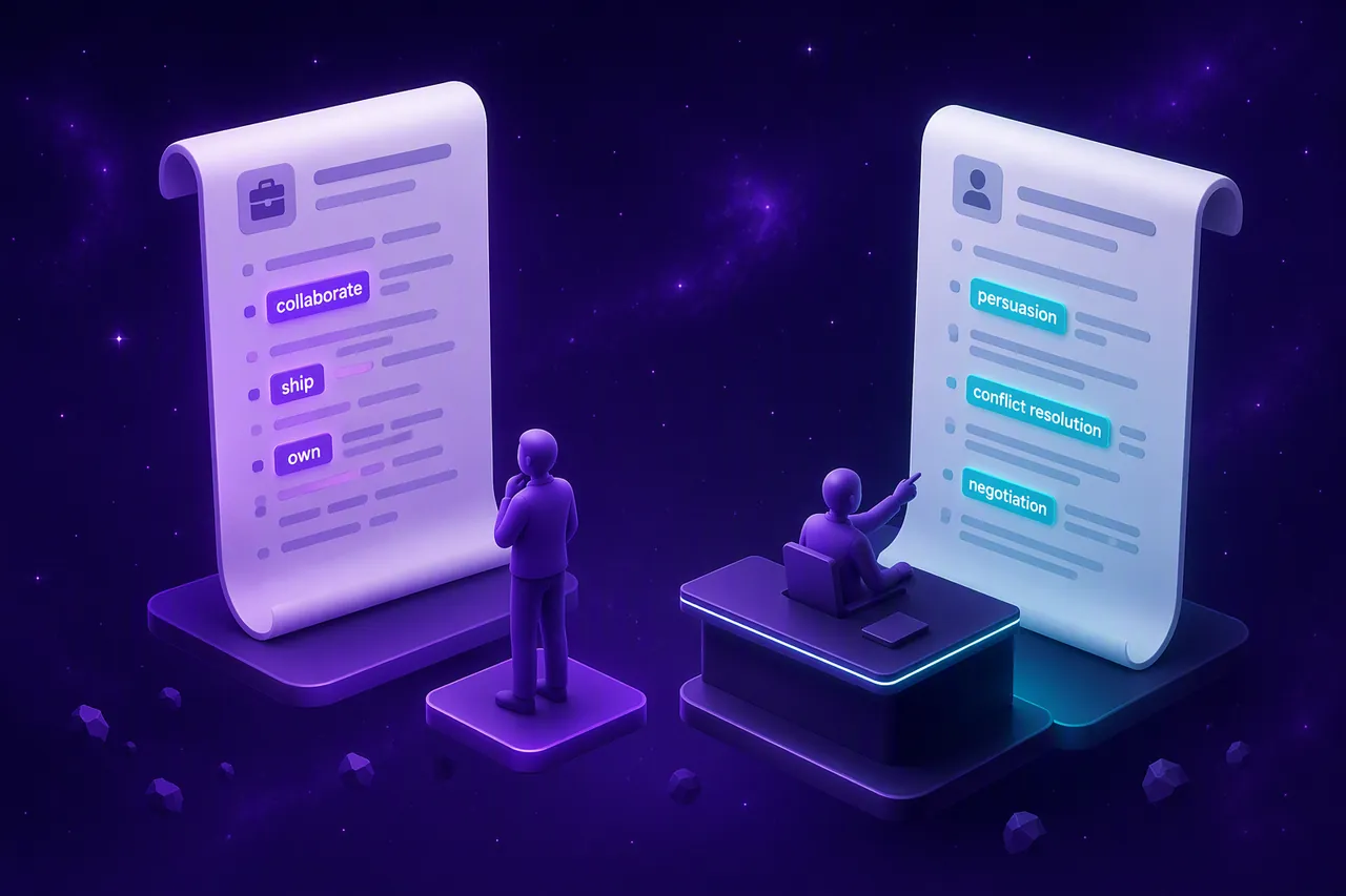 Two scripts, one hire. Candidates prepare from the job post. Interview scorecards often grade persuasion and conflict resolution that the post never named.
