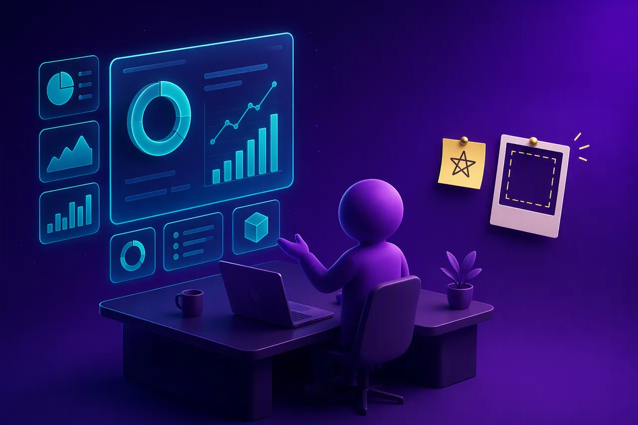 Glowing AI slide deck beside an empty proof frame on a purple desk. Persuasion is what you checked yourself, not the template.
