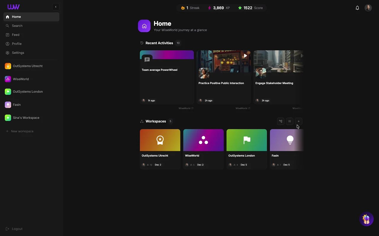 WiseWorld workspace dashboard - Your central hub for soft skills development